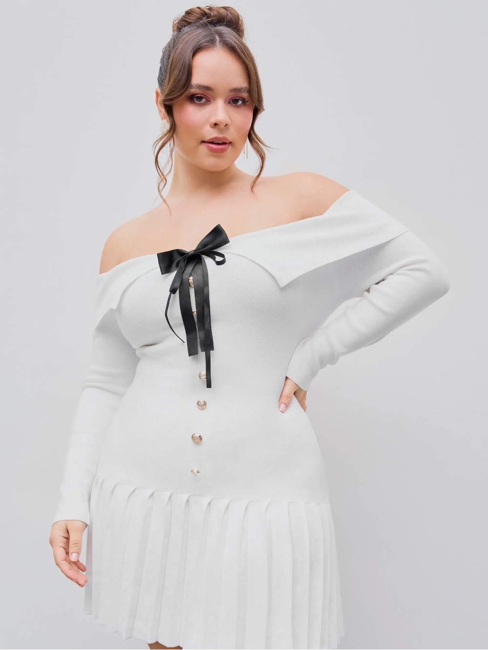 Cider Off-Shoulder White Long Sleeve Ruffle-Hem Dress with Black Bow